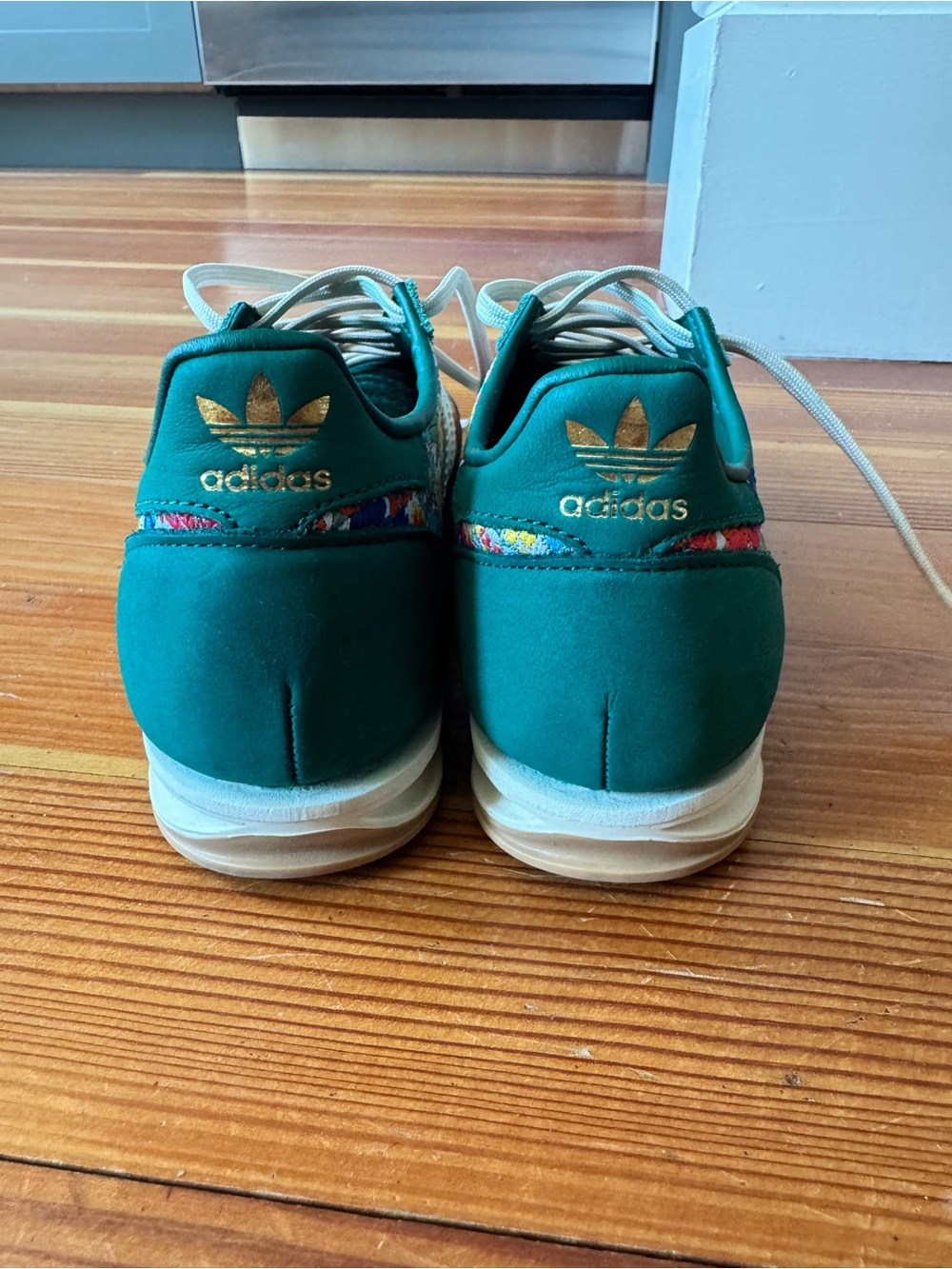 adidas Teal Green Suede Floral Panel Sneakers with White Stripes - Picture 4 of 8
